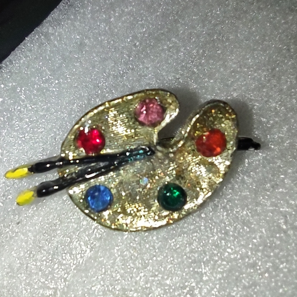 Vintage Colorful Artist Paint Palette & Paintbrush Gold Metal Brooch